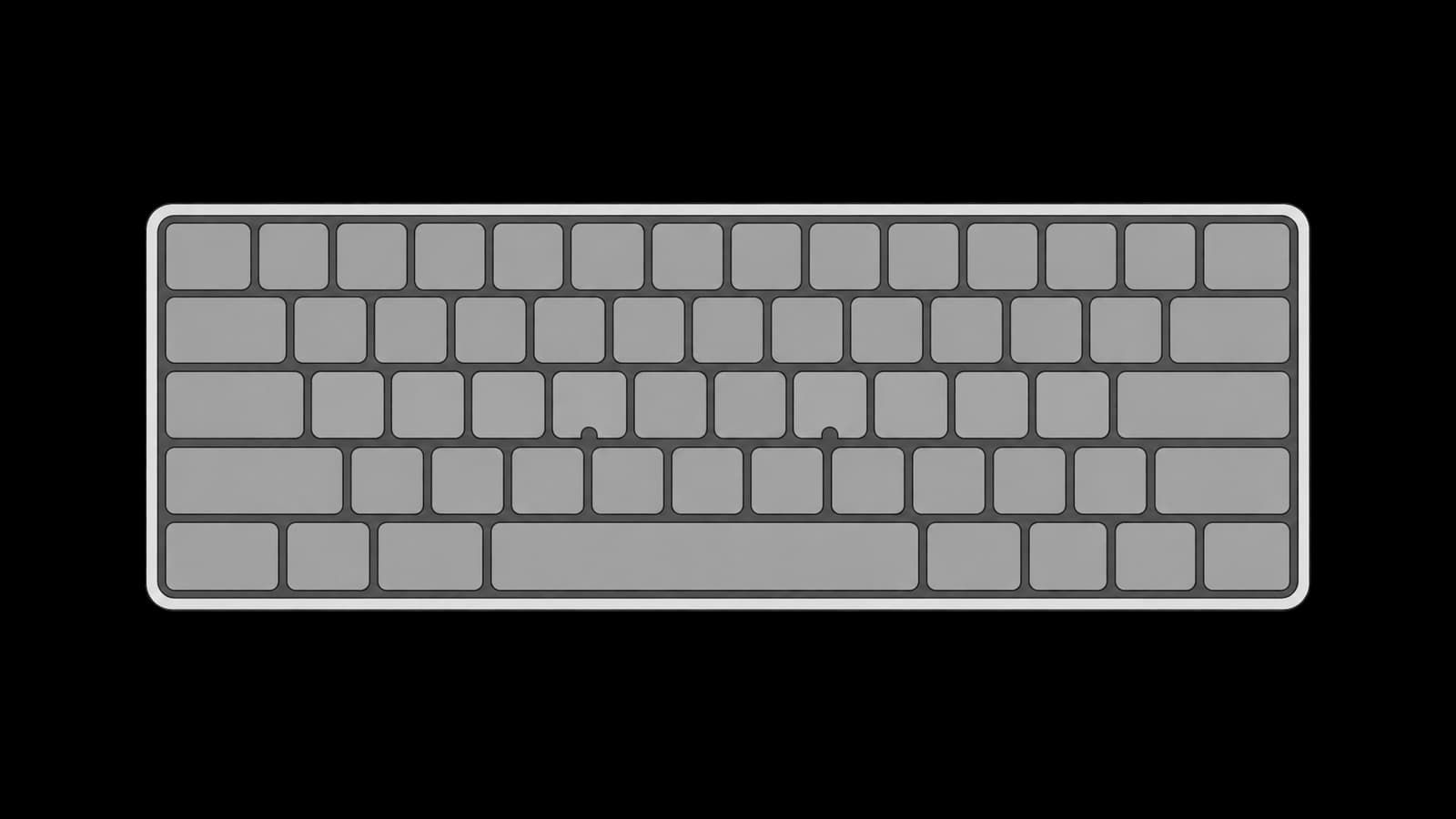 Keyboard seen from above with the eight home-row keys highlighted and the two index-finger homing notches marked.