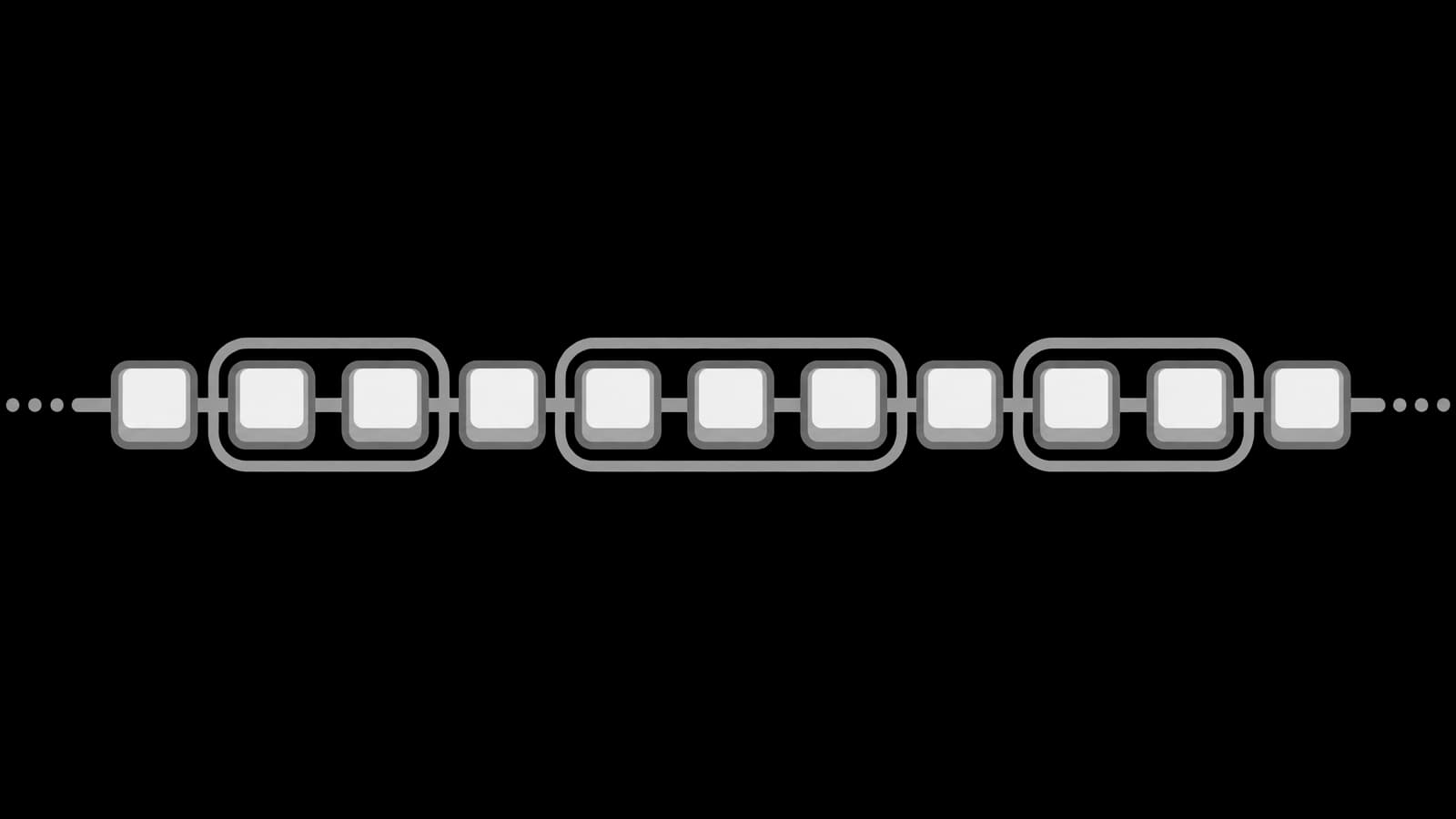 Chain of blank keys with pairs and triples ringed, showing short chunks inside a longer sequence.