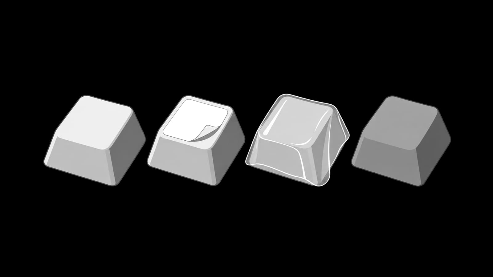 Four keycaps side by side: moulded, stickered with a peeling film, under a cover sheet, and completely bare.