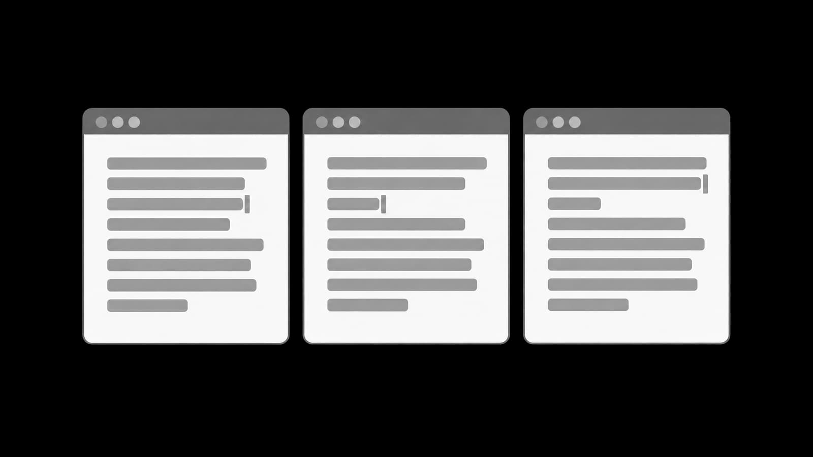 The same paragraph in three document windows, wrapping at a different point in each.