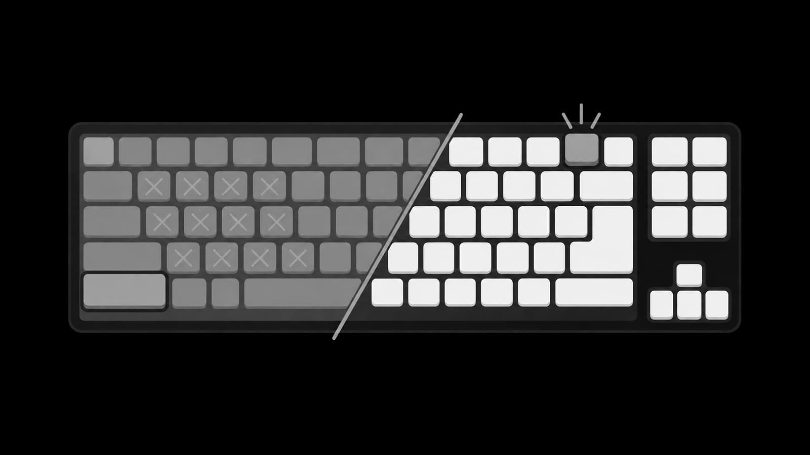 Keyboard split diagonally: a modifier held on one side lights a key on the opposite side, while same-side keys are crossed out.